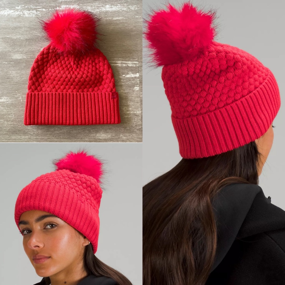 NWT Lululemon Bubble Knit Pom Beanie Hat in Carnation Red